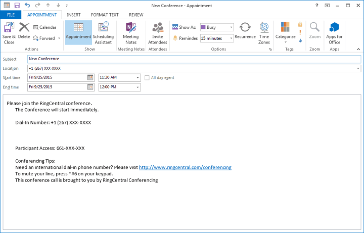 Invitation for RingCentral Call in Outlook