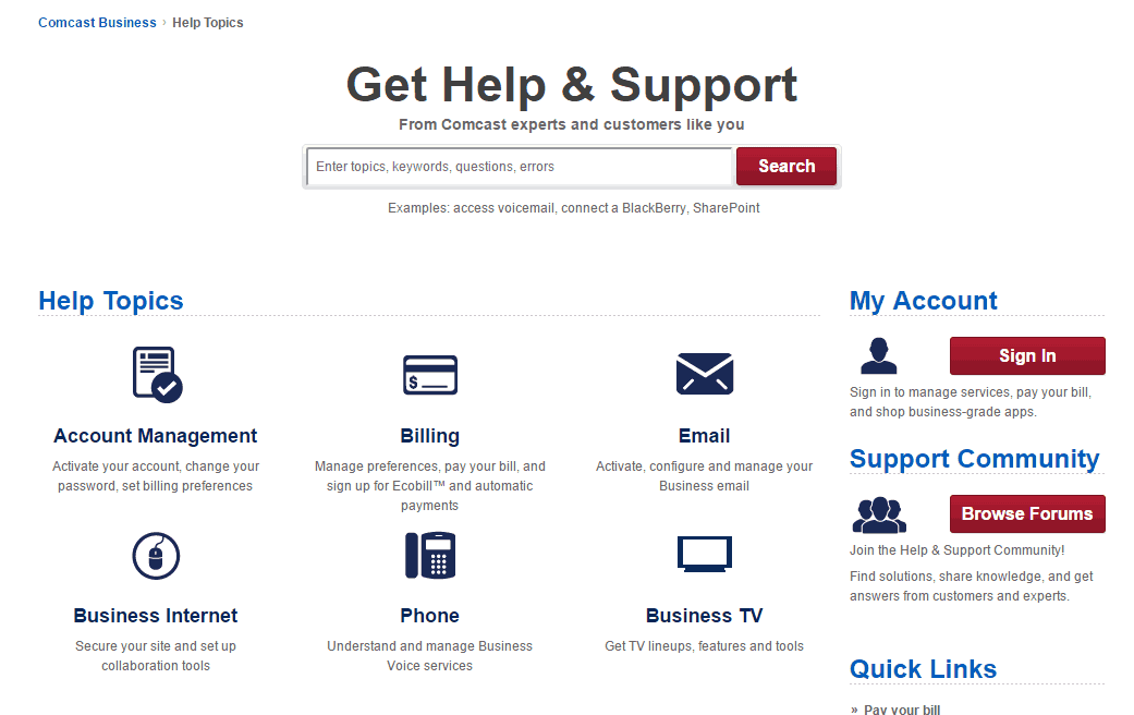 Comcast's Help and Support Page