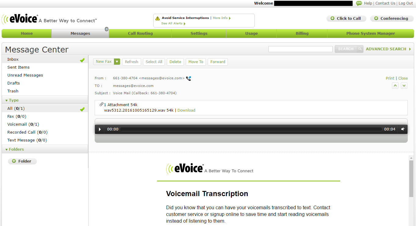 Voicemails in eVoice